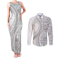 Tonga White Sunday Couples Matching Tank Maxi Dress and Long Sleeve Button Shirt Lotu Tamaiti Ngatu Tribal - Polynesian Pride