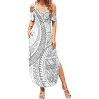Tonga White Sunday Summer Maxi Dress Lotu Tamaiti Ngatu Tribal - Polynesian Pride