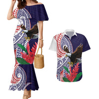 American Samoa Bald Eagle Personalized Couples Matching Mermaid Dress and Hawaiian Shirt Polynesian Teuila Flowers LT9 Blue - Polynesian Pride