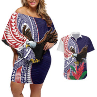 American Samoa Bald Eagle Personalized Couples Matching Off Shoulder Short Dress and Hawaiian Shirt Polynesian Teuila Flowers LT9 Blue - Polynesian Pride