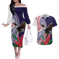 American Samoa Bald Eagle Personalized Couples Matching Off The Shoulder Long Sleeve Dress and Hawaiian Shirt Polynesian Teuila Flowers - Polynesian Pride