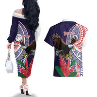 American Samoa Bald Eagle Personalized Couples Matching Off The Shoulder Long Sleeve Dress and Hawaiian Shirt Polynesian Teuila Flowers - Polynesian Pride