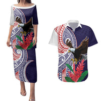 American Samoa Bald Eagle Personalized Couples Matching Puletasi and Hawaiian Shirt Polynesian Teuila Flowers - Polynesian Pride