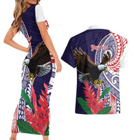 American Samoa Bald Eagle Personalized Couples Matching Short Sleeve Bodycon Dress and Hawaiian Shirt Polynesian Teuila Flowers LT9 - Polynesian Pride