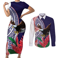 American Samoa Bald Eagle Personalized Couples Matching Short Sleeve Bodycon Dress and Long Sleeve Button Shirt Polynesian Teuila Flowers - Polynesian Pride