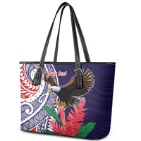 American Samoa Bald Eagle Personalized Leather Tote Bag Polynesian Teuila Flowers - Polynesian Pride