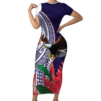American Samoa Bald Eagle Personalized Short Sleeve Bodycon Dress Polynesian Teuila Flowers - Polynesian Pride