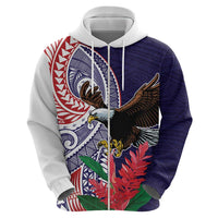 American Samoa Bald Eagle Personalized Zip Hoodie Polynesian Teuila Flowers - Polynesian Pride