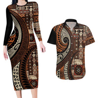 Vintage Samoa Siapo Mamanu Couples Matching Long Sleeve Bodycon Dress and Hawaiian Shirt Brown Samoan Tapa Motif - Polynesian Pride