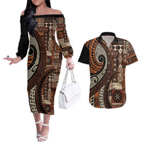 Vintage Samoa Siapo Mamanu Couples Matching Off The Shoulder Long Sleeve Dress and Hawaiian Shirt Brown Samoan Tapa Motif - Polynesian Pride