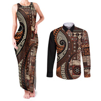 Vintage Samoa Siapo Mamanu Couples Matching Tank Maxi Dress and Long Sleeve Button Shirt Brown Samoan Tapa Motif - Polynesian Pride