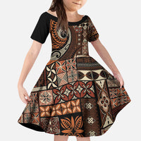 Vintage Samoa Siapo Mamanu Kid Short Sleeve Dress Brown Samoan Tapa Motif - Polynesian Pride