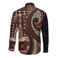 Vintage Samoa Siapo Mamanu Long Sleeve Button Shirt Brown Samoan Tapa Motif LT9 - Polynesian Pride