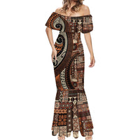 Vintage Samoa Siapo Mamanu Mermaid Dress Brown Samoan Tapa Motif - Polynesian Pride