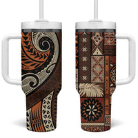 Vintage Samoa Siapo Mamanu Tumbler With Handle Brown Samoan Tapa Motif - Polynesian Pride