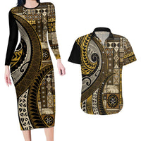 Vintage Samoa Siapo Mamanu Couples Matching Long Sleeve Bodycon Dress and Hawaiian Shirt Gold Samoan Tapa Motif - Polynesian Pride