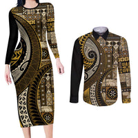 Vintage Samoa Siapo Mamanu Couples Matching Long Sleeve Bodycon Dress and Long Sleeve Button Shirt Gold Samoan Tapa Motif - Polynesian Pride
