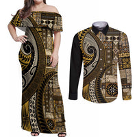 Vintage Samoa Siapo Mamanu Couples Matching Off Shoulder Maxi Dress and Long Sleeve Button Shirt Gold Samoan Tapa Motif - Polynesian Pride