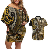 Vintage Samoa Siapo Mamanu Couples Matching Off Shoulder Short Dress and Hawaiian Shirt Gold Samoan Tapa Motif - Polynesian Pride