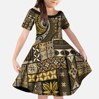 Vintage Samoa Siapo Mamanu Family Matching Off Shoulder Maxi Dress and Hawaiian Shirt Gold Samoan Tapa Motif - Polynesian Pride