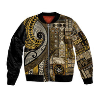 Vintage Samoa Siapo Mamanu Sleeve Zip Bomber Jacket Gold Samoan Tapa Motif - Polynesian Pride