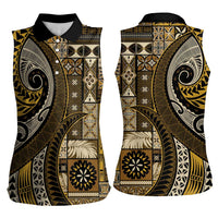 Vintage Samoa Siapo Mamanu Women Sleeveless Polo Shirt Gold Samoan Tapa Motif - Polynesian Pride