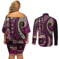 Vintage Samoa Siapo Mamanu Couples Matching Off Shoulder Short Dress and Long Sleeve Button Shirt Pink Samoan Tapa Motif - Polynesian Pride