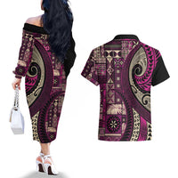 Vintage Samoa Siapo Mamanu Couples Matching Off The Shoulder Long Sleeve Dress and Hawaiian Shirt Pink Samoan Tapa Motif - Polynesian Pride