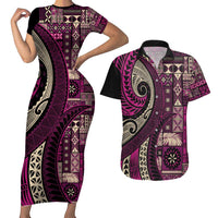 Vintage Samoa Siapo Mamanu Couples Matching Short Sleeve Bodycon Dress and Hawaiian Shirt Pink Samoan Tapa Motif - Polynesian Pride