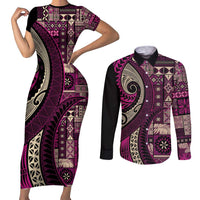 Vintage Samoa Siapo Mamanu Couples Matching Short Sleeve Bodycon Dress and Long Sleeve Button Shirt Pink Samoan Tapa Motif - Polynesian Pride