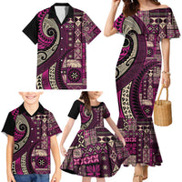 Vintage Samoa Siapo Mamanu Family Matching Mermaid Dress and Hawaiian Shirt Pink Samoan Tapa Motif - Polynesian Pride