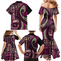 Vintage Samoa Siapo Mamanu Family Matching Mermaid Dress and Hawaiian Shirt Pink Samoan Tapa Motif - Polynesian Pride