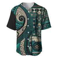 Vintage Samoa Siapo Mamanu Baseball Jersey Teal Samoan Tapa Motif - Polynesian Pride