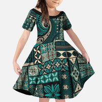 Vintage Samoa Siapo Mamanu Family Matching Off Shoulder Maxi Dress and Hawaiian Shirt Teal Samoan Tapa Motif - Polynesian Pride