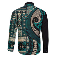 Vintage Samoa Siapo Mamanu Family Matching Off Shoulder Maxi Dress and Hawaiian Shirt Teal Samoan Tapa Motif - Polynesian Pride