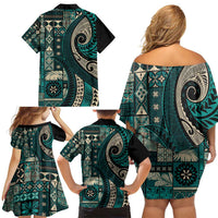 Vintage Samoa Siapo Mamanu Family Matching Off Shoulder Short Dress and Hawaiian Shirt Teal Samoan Tapa Motif - Polynesian Pride