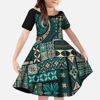Vintage Samoa Siapo Mamanu Family Matching Short Sleeve Bodycon Dress and Hawaiian Shirt Teal Samoan Tapa Motif - Polynesian Pride
