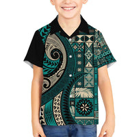 Vintage Samoa Siapo Mamanu Family Matching Short Sleeve Bodycon Dress and Hawaiian Shirt Teal Samoan Tapa Motif - Polynesian Pride