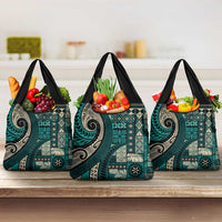 Vintage Samoa Siapo Mamanu Grocery Bag Teal Samoan Tapa Motif LT9 3-pack One Size Teal - Polynesian Pride