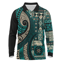 Vintage Samoa Siapo Mamanu Long Sleeve Polo Shirt Teal Samoan Tapa Motif - Polynesian Pride