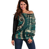 Vintage Samoa Siapo Mamanu Off Shoulder Sweater Teal Samoan Tapa Motif - Polynesian Pride