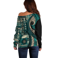 Vintage Samoa Siapo Mamanu Off Shoulder Sweater Teal Samoan Tapa Motif - Polynesian Pride