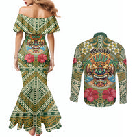 Hawaii Tiki Mask Personalized Couples Matching Mermaid Dress and Long Sleeve Button Shirt Mele Kalikimaka i Iulai!