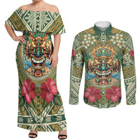 Hawaii Tiki Mask Personalized Couples Matching Off Shoulder Maxi Dress and Long Sleeve Button Shirt Mele Kalikimaka i Iulai! LT9 Green - Polynesian Pride
