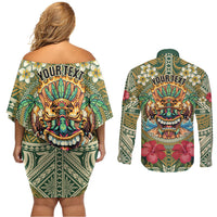 Hawaii Tiki Mask Personalized Couples Matching Off Shoulder Short Dress and Long Sleeve Button Shirt Mele Kalikimaka i Iulai!