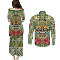 Hawaii Tiki Mask Personalized Couples Matching Puletasi and Long Sleeve Button Shirt Mele Kalikimaka i Iulai!