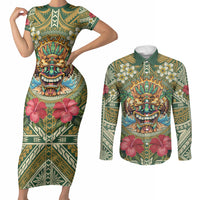 Hawaii Tiki Mask Personalized Couples Matching Short Sleeve Bodycon Dress and Long Sleeve Button Shirt Mele Kalikimaka i Iulai! LT9 Green - Polynesian Pride