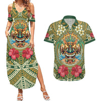 Hawaii Tiki Mask Personalized Couples Matching Summer Maxi Dress and Hawaiian Shirt Mele Kalikimaka i Iulai!