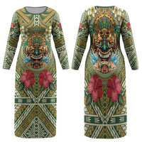 Hawaii Tiki Mask Personalized Family Matching Long Sleeve Bodycon Dress and Hawaiian Shirt Mele Kalikimaka i Iulai! LT9 Mom's Dress Green - Polynesian Pride