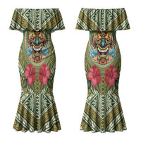 Hawaii Tiki Mask Personalized Family Matching Mermaid Dress and Hawaiian Shirt Mele Kalikimaka i Iulai! LT9 Mom's Dress Green - Polynesian Pride